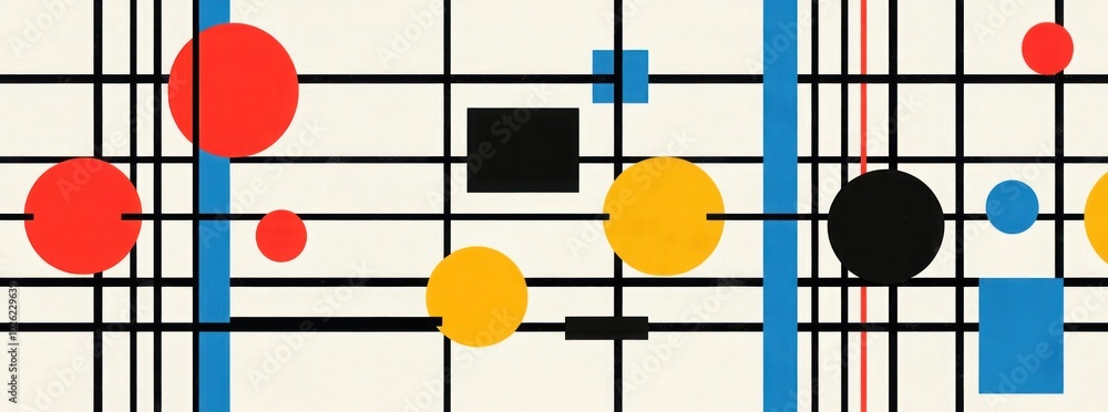 Poster abstract geometric pattern with red, yellow, blue, and black circles and squares on a grid.