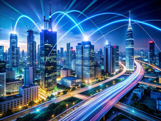 Fototapeta premium Bright futuristic cityscape at night with neon lights illuminating skyscrapers, showcasing vibrant urban environment with dynamic traffic and digital connectivity