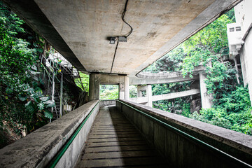 Elevated Pedestrian Walkway Winding Through Urban Landscape in Hong Kong