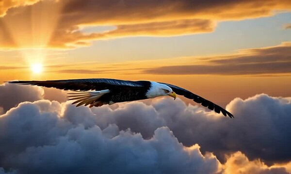 Aerial time-lapse of Majestic bald eagle soaring through the clouds at sunset.
