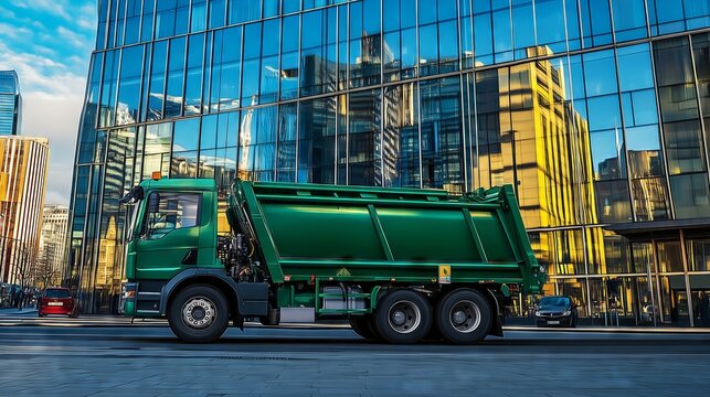 Green garbage truck picking up trash in downtown business district