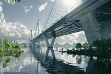 Fototapeta premium A bridge spans a river with a city in the background