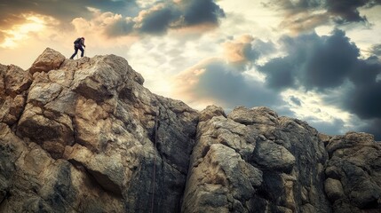 A lone climber reaches the summit of a rocky mountain, silhouetted against a dramatic cloudy sky.