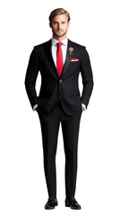 Professional Male Executive in Formal Attire with Red Accents Standing against a Black Background.