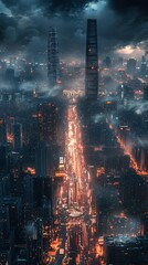 Obraz premium Dramatic nighttime cityscape with skyscrapers