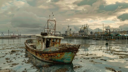 Fototapeta premium A rusted old boat sits in the water near a pier
