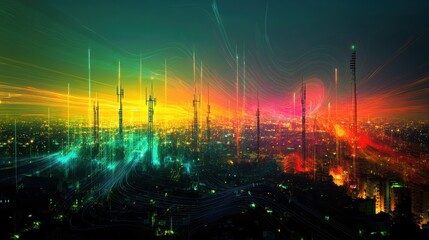 Fototapeta premium Signal distribution from telecommunication cell towers, with radiating waves, connected devices, and coverage areas