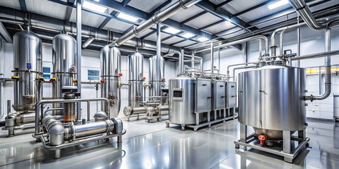 State of art boiler room featuring tidy arrangement of stainless steel equipment and piping, showcasing modern industrial design and functionality