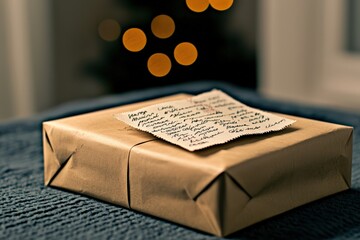 Christmas gift boxes with handwritten notes and vintage stamps, [nostalgic Christmas], [vintage flair], selective focus on foreground, copy space for text, ultra HD,