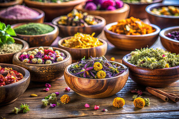 Fototapeta premium Vibrant arrangement of herbal treasures in rustic wooden bowls showcases variety of colorful spices and herbs, creating warm and inviting atmosphere