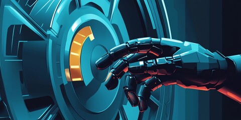 Robot hand gripping an industrial 3D wheel, futuristic icon design, flat design illustration