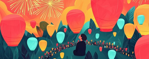Joyful crowd, colorful lanterns and fireworks, flat design illustration, selective focus on foreground, copy space for text, ultra HD,