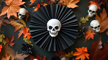 Black Rosette with White Skull on Autumn Leaves