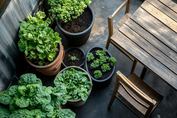 An apartment windowsill herb garden. The dark soil contrasts with the bright green leaves, and the view of the relaxing cityscape