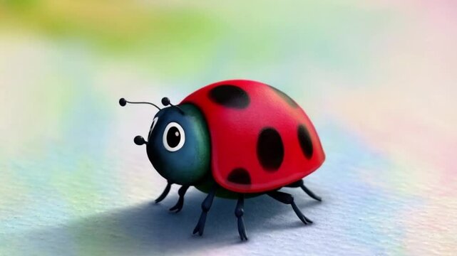 Cartoon Ladybug.  Generated video.  An animated video of a cute  cartoon ladybug standing on a leaf.