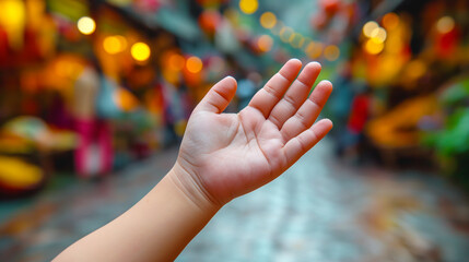 Naklejka premium Child's Hand in Crowded Market 