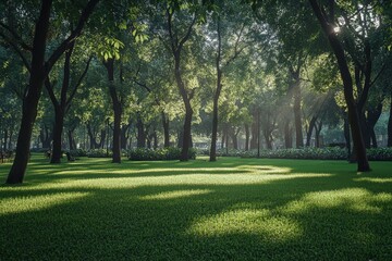 Obraz premium A park with a city skyline in the background, generative ai image