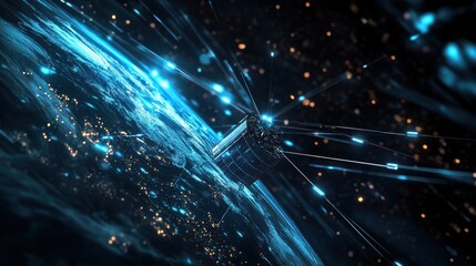 Fiber optic links through telecommunication satellites, highlighting space-based connections and high-speed data transfer