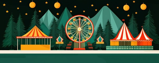 Fototapeta premium Festival fairground, colorful lights and joyful rides, flat design illustration, selective focus on foreground, copy space for text, ultra HD,