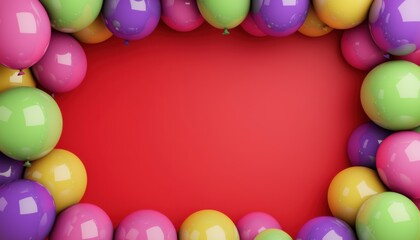 A vibrant arrangement of colorful balloons framing a red background, perfect for celebrations or festive events.