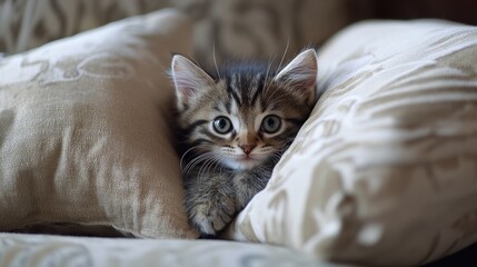 Tiny kitten dwarfed by enormous, plush sofa cushions
