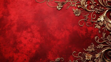 Red textured background with intricate gold floral designs in the corner creating an elegant and luxurious atmosphere