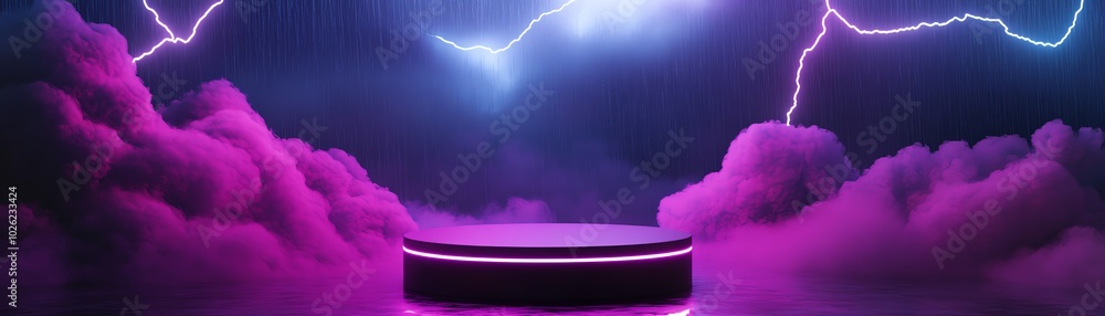 Wall mural stormy night, neonlit audio system on 3d podium, flat design illustration