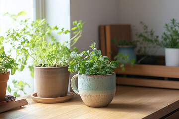 Fototapeta premium An apartment windowsill herb garden. The dark soil contrasts with the bright green leaves, and the view of the relaxing cityscape