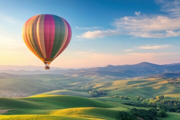 Fototapeta premium Vibrant hot air balloon floating above rolling green hills at sunrise, casting soft golden light on the landscape