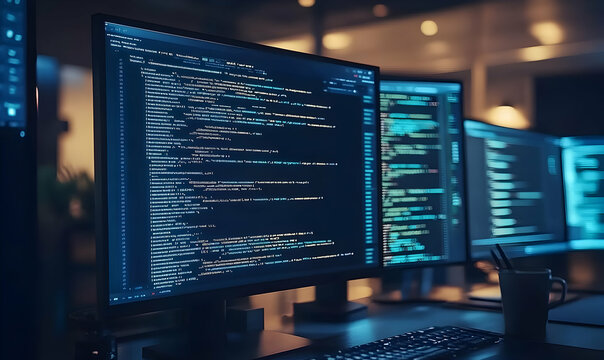 Code on Computer Screens in a Modern Workspace - Powered by Adobe