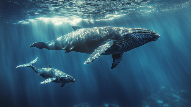 A family of majestic whales , mother and newborn swimming underwater with light rays