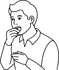 A man is sitting and eating foods line art at a restaurant and is having a meal. Hand line drawn style vector design illustrations.