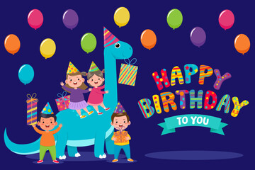 happy birthday vector design. Children celebrate birthday with dinosaur, gifts, balloons. Perfect for children's party invitations, greeting cards, birthday decorations, and educational materials.