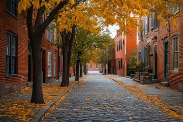 A street with a brick sidewalk and a cobblestone road, generative ai image