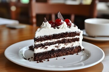 a pieces of black forest cake on white plate at cafe