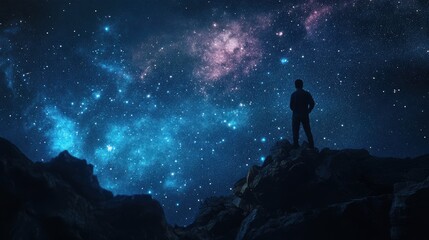 Fototapeta premium Adventurer gazing at star filled horizon