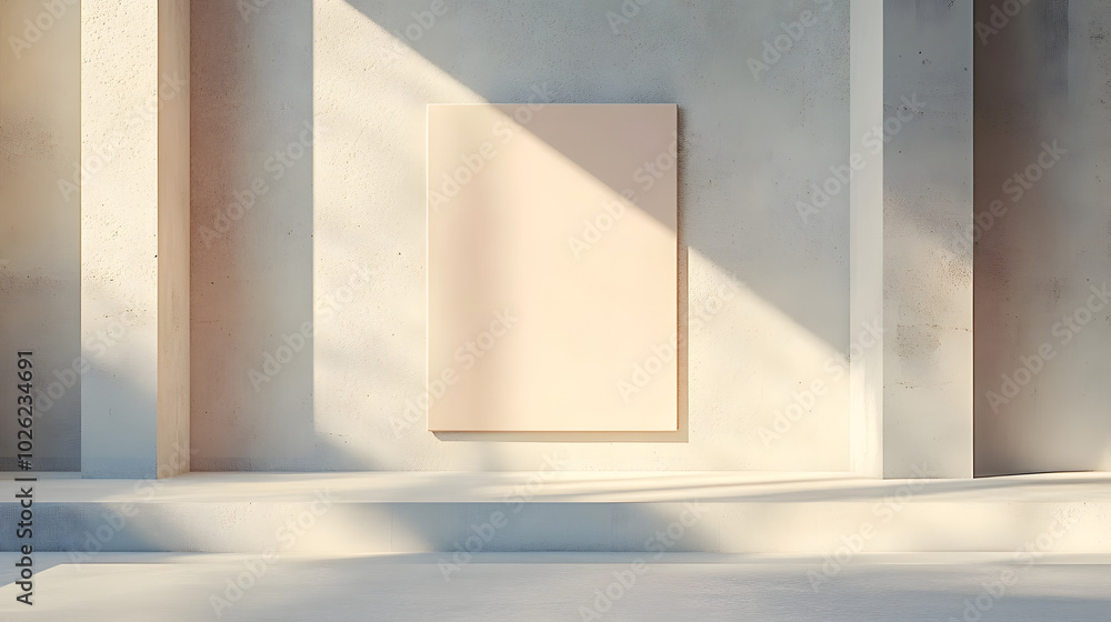 Aufkleber sunlit studio with a blank canvas on a concrete wall and an empty platform. clean, modern design wit