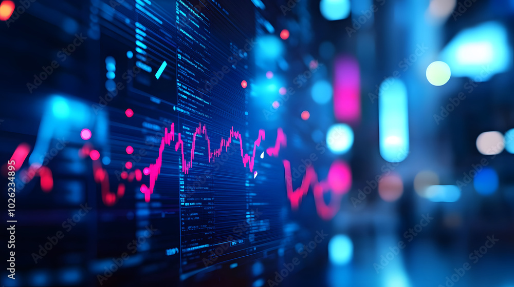 Poster colorful digital stock market graph displaying fluctuations in data trends during evening hours
