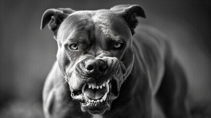 Angry dog on a dark background. An aggressive Pit bull barks and tries to bite. Black and white photo.