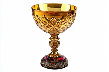A decorative amber glass goblet with intricate patterns, ideal for serving drinks or as a centerpiece.