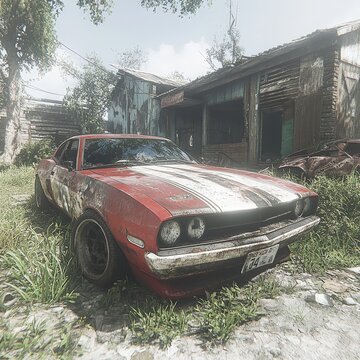 old and unusable red sports car standing in front of dilapidated buildings