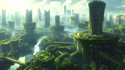 Futuristic Cityscape with Lush Greenery and Skyscrapers
