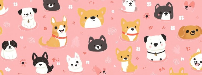 Obraz premium A seamless pattern of adorable cartoon dogs in different poses and colors on a pink background with white flowers.