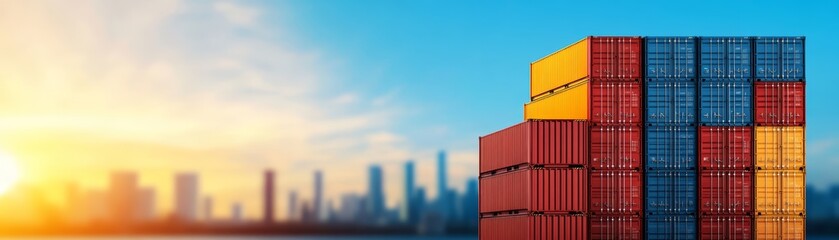 Fototapeta premium Colorful shipping containers against a beautiful sunset skyline.