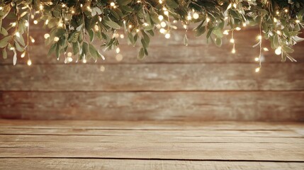 Decorative string lights and greenery hanging over a rustic wooden background, creating a warm atmosphere for festive gatherings