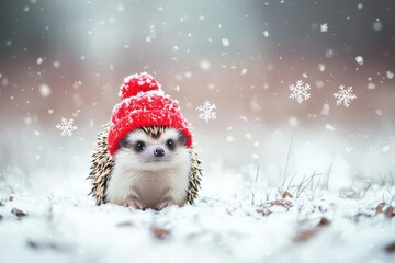 Fototapeta premium A cute hedgehog wearing a red hat sits in a snowy landscape, evoking a whimsical winter scene.