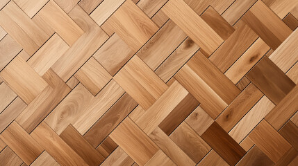 Natural wood parquet floor with intricate interlocking geometric pattern and various shades of brown, showcasing a detailed and textured wooden surface.