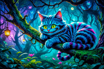 Cheshire Mysterious cat in the forest. Fantasy illustration