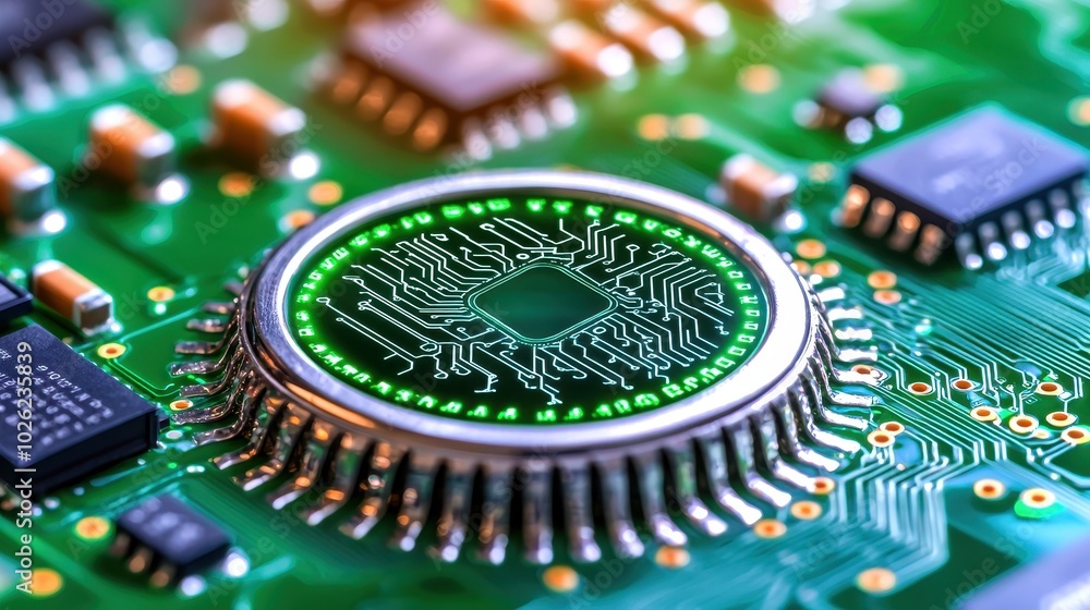 Poster close-up of a microchip on a green circuit board, showcasing intricate details and patterns.