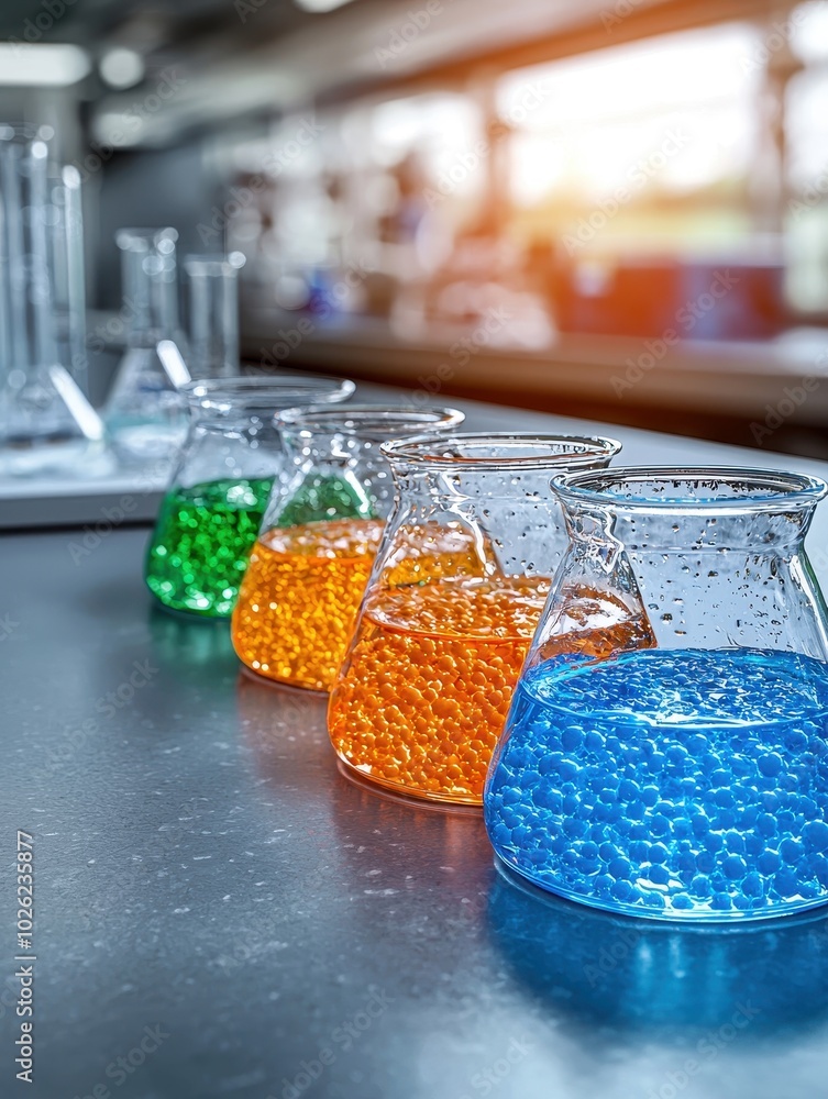 Poster colorful laboratory flasks with liquid on a shiny table in a bright lab.
